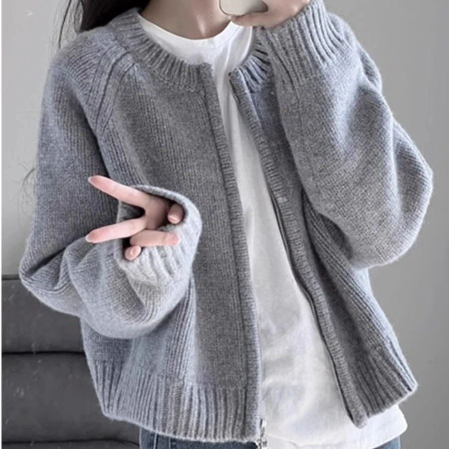 灰色开衫拉链毛衣女秋冬2023新款时尚慵懒复古上衣针织衫外套春秋