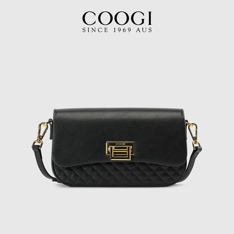 【顺丰速达】COOGI女包黑色单肩斜挎小包女潮流百搭真皮邮差翻盖包