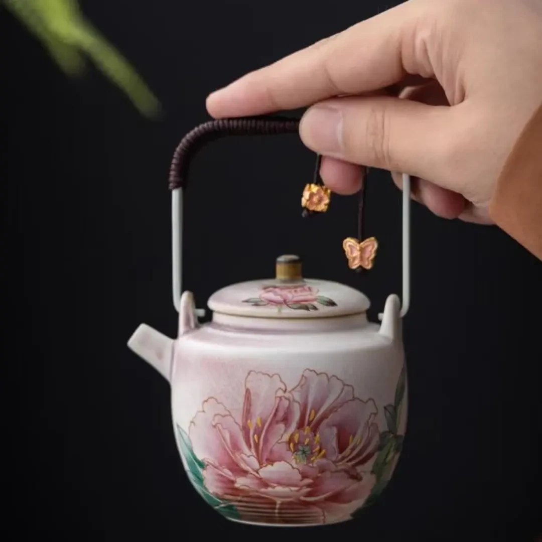 xb李辉熠粉柴烧手绘牡丹花提梁壶茶壶新中式茶壶泡茶茶器
