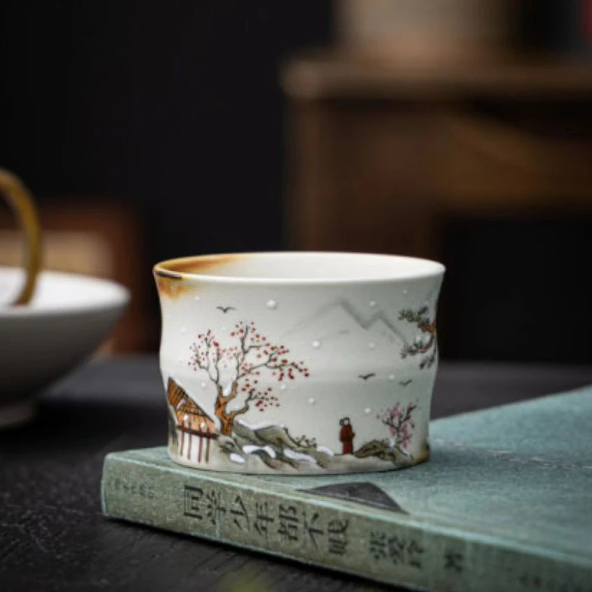 zb8竹节杯  李辉熠手作粉柴喜乐雪景粉柴烧李辉熠纯手绘堆料汝瓷