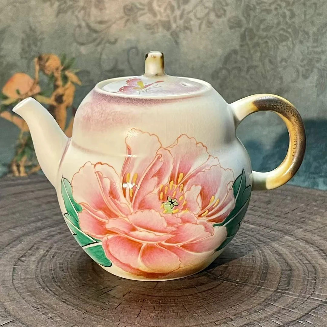zb粉柴烧牡丹花纯手绘汝窑开片创意茶壶高品质生活享受艺术之美