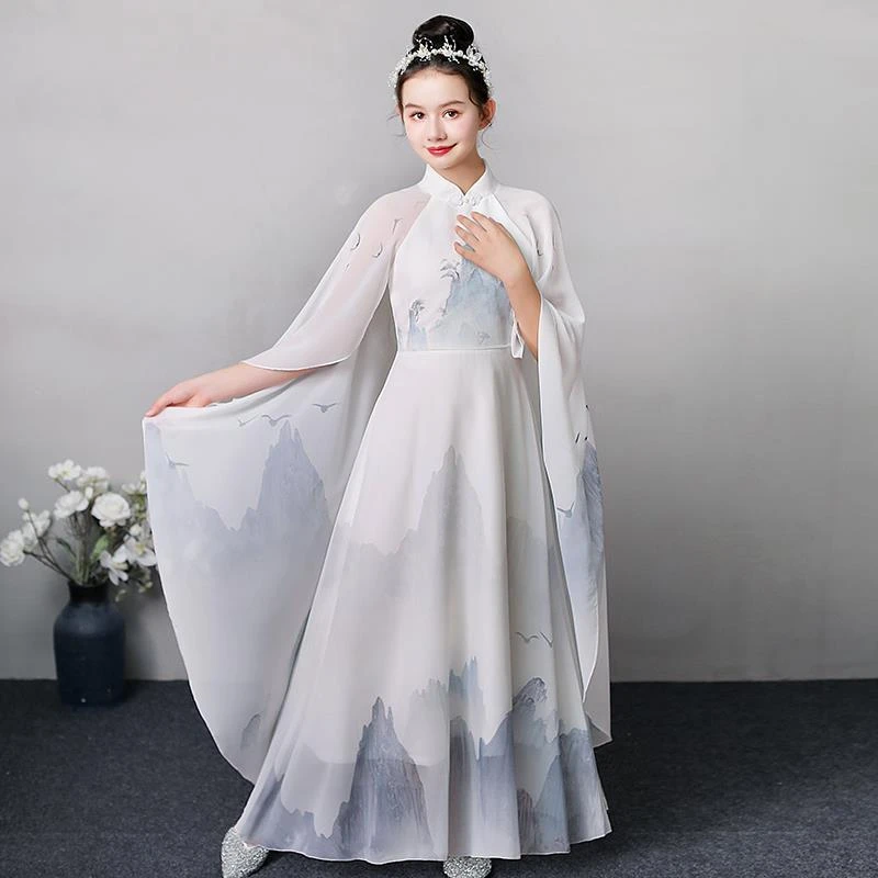 古筝演出服女童小女孩表演服礼服儿童旗袍古风飘逸长款仙气汉服长