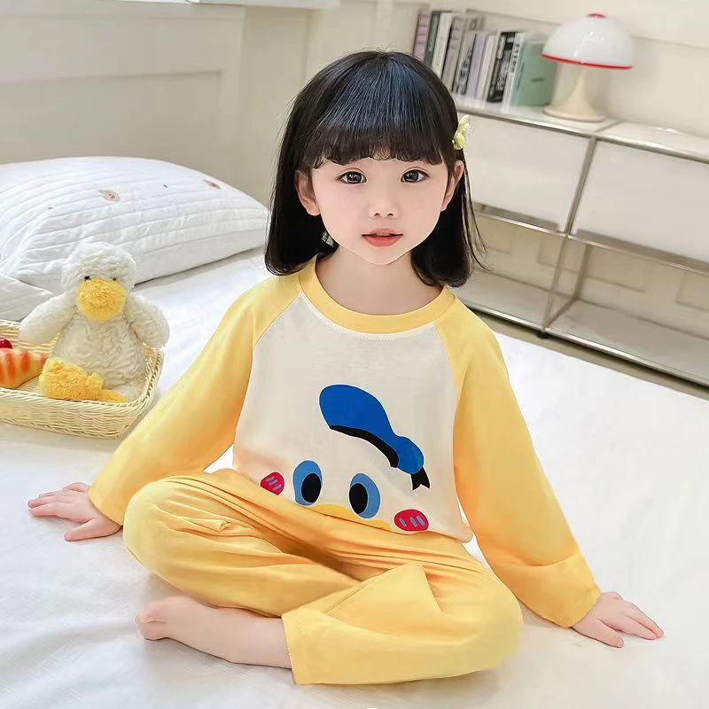女童睡衣春秋款儿童家居服套装2024新款女宝卡通鸭鸭两件套儿童节