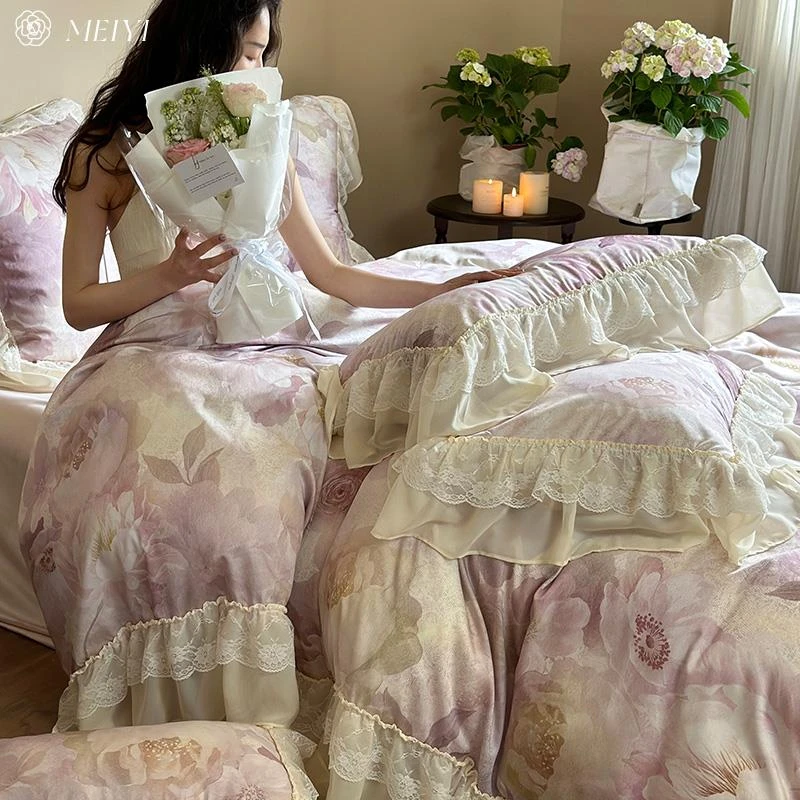 法式田园风120S天丝棉四件套被套床罩裸睡亲肤轻奢高级感床上用品