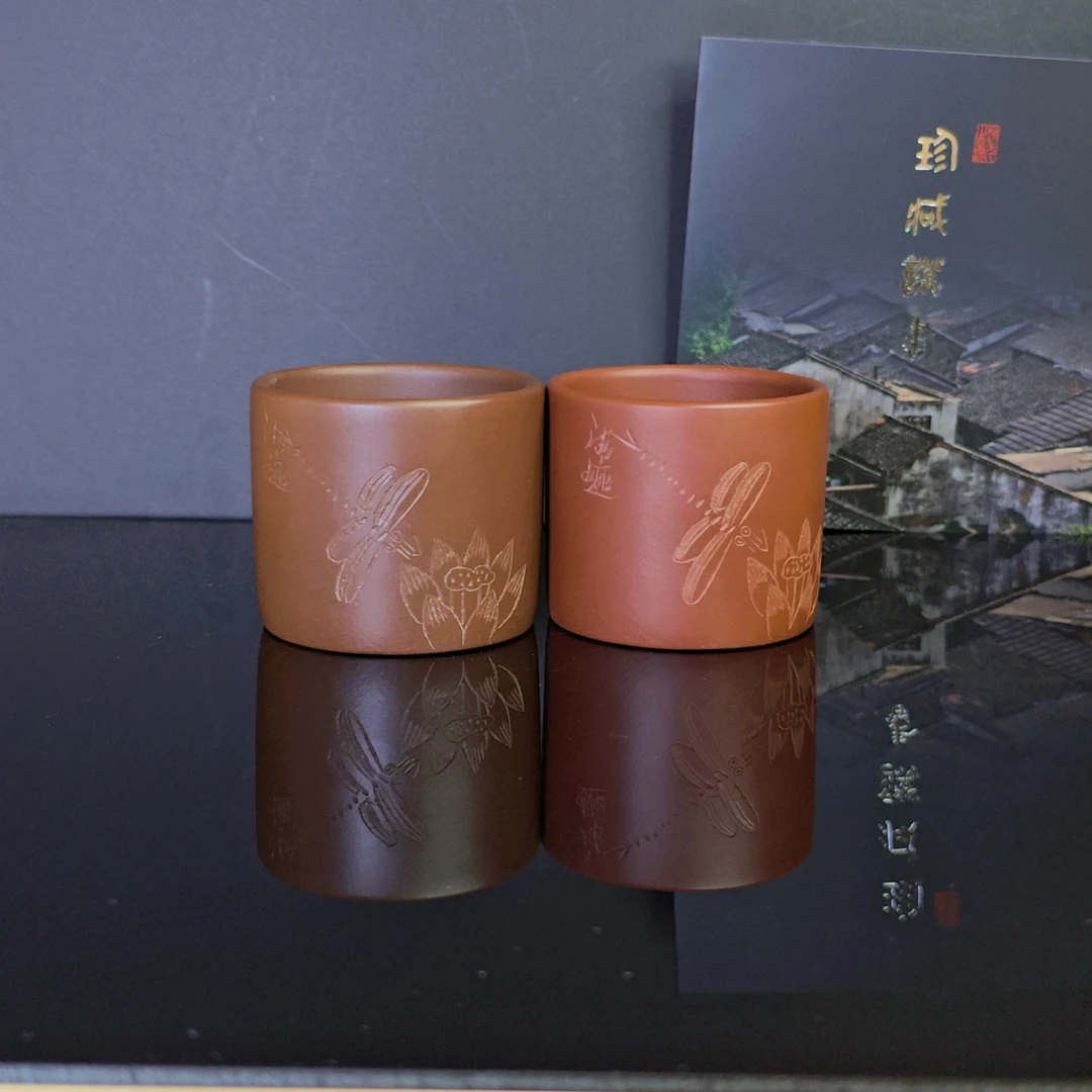 宜兴原矿紫砂杯管庆飞新款刻绘清趣双色易养小容量客人杯茶杯60cc
