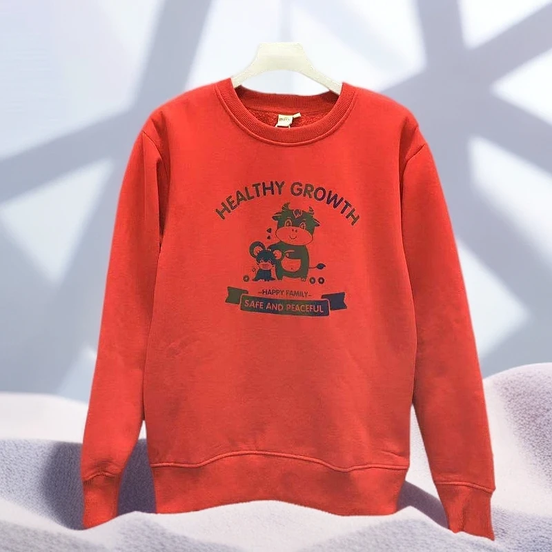 2007款大红色新年装亲子款圆领时尚百搭长袖秋冬休闲宽松加绒卫衣