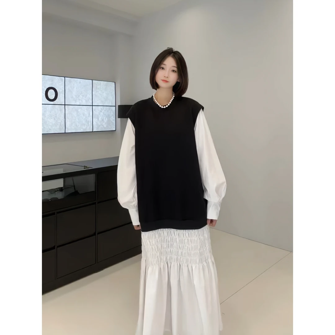 2024秋款卫衣拼接假两件连衣裙女秋长袖独特设计感宽松A字长裙