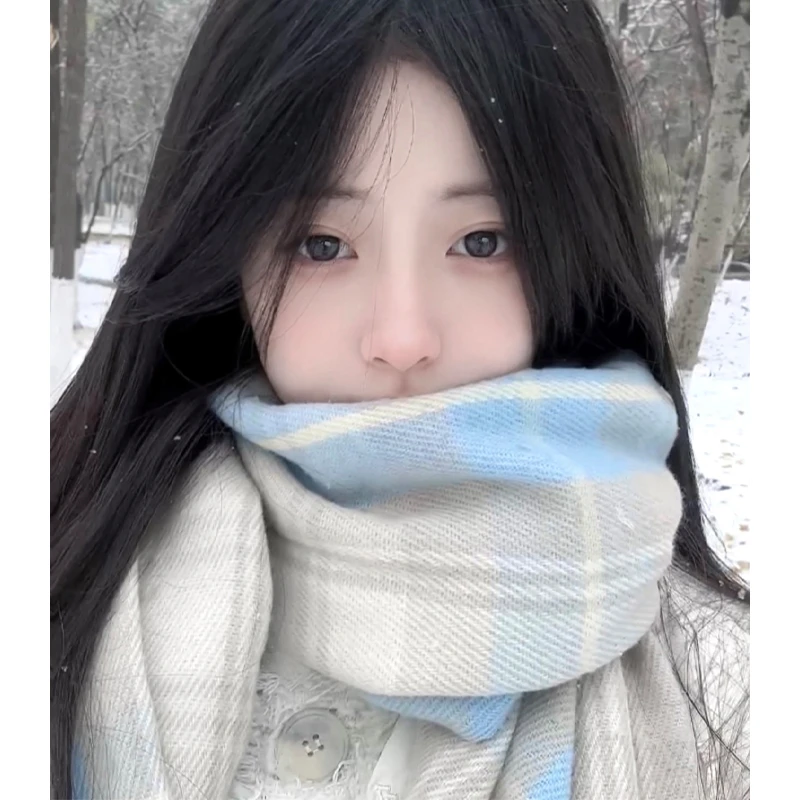 显白2023新款围巾女秋冬季韩版百搭高级格子技肩情倡围脖男保暖