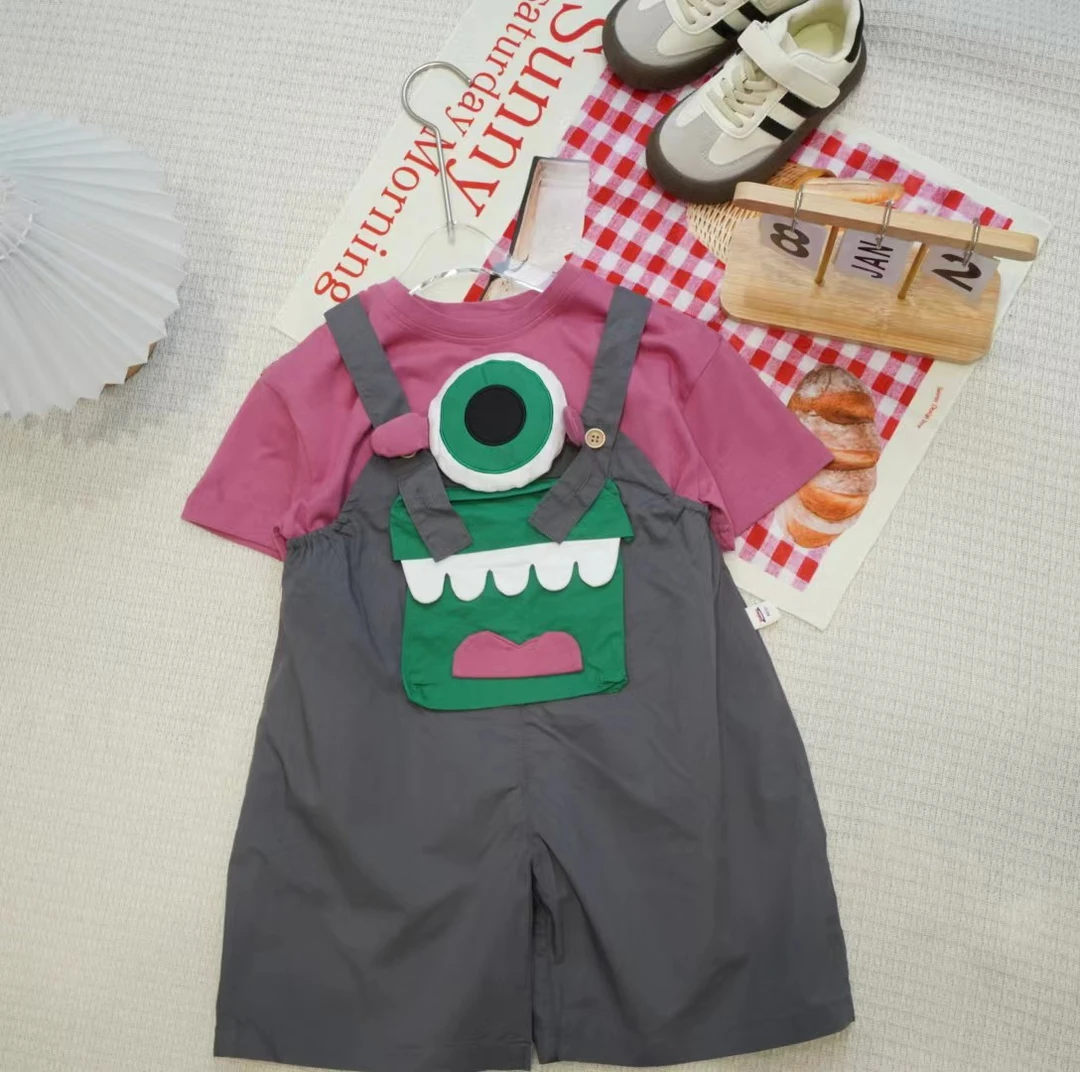 胡子头夏季男宝卡通大眼睛立体口袋背带裤套装XQ698