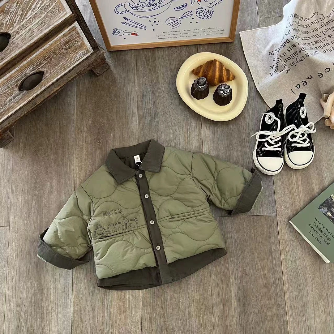 儿童冬季韩版假两件刺绣小熊加绒加厚棉服H1726