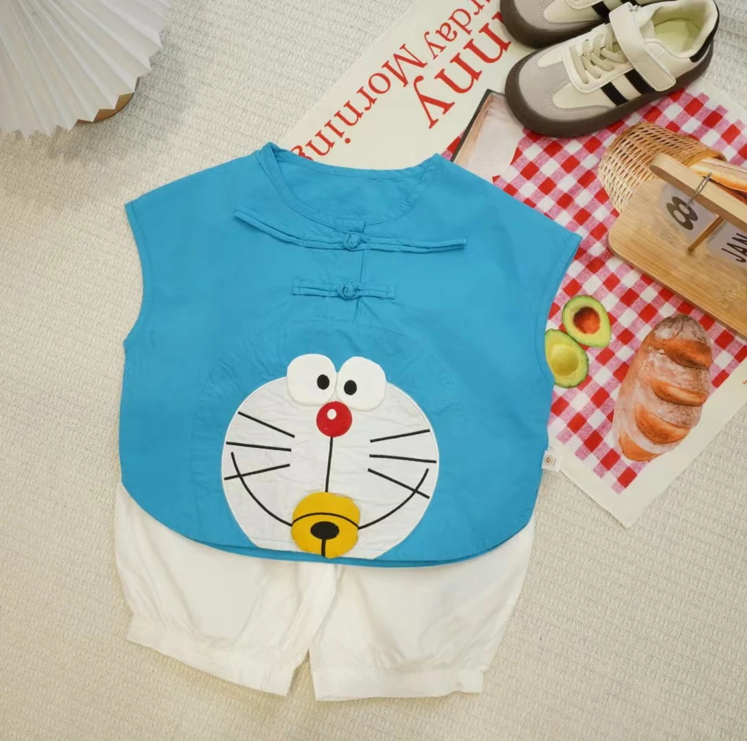 儿童夏季韩版卡通无袖叮当猫衬衫套装XQ810