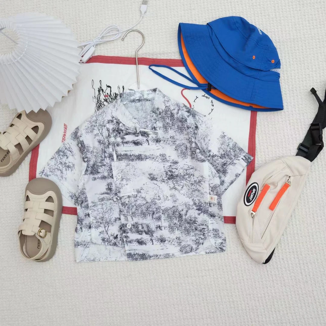 儿童夏季中国风山水画衬衫短袖H-1050