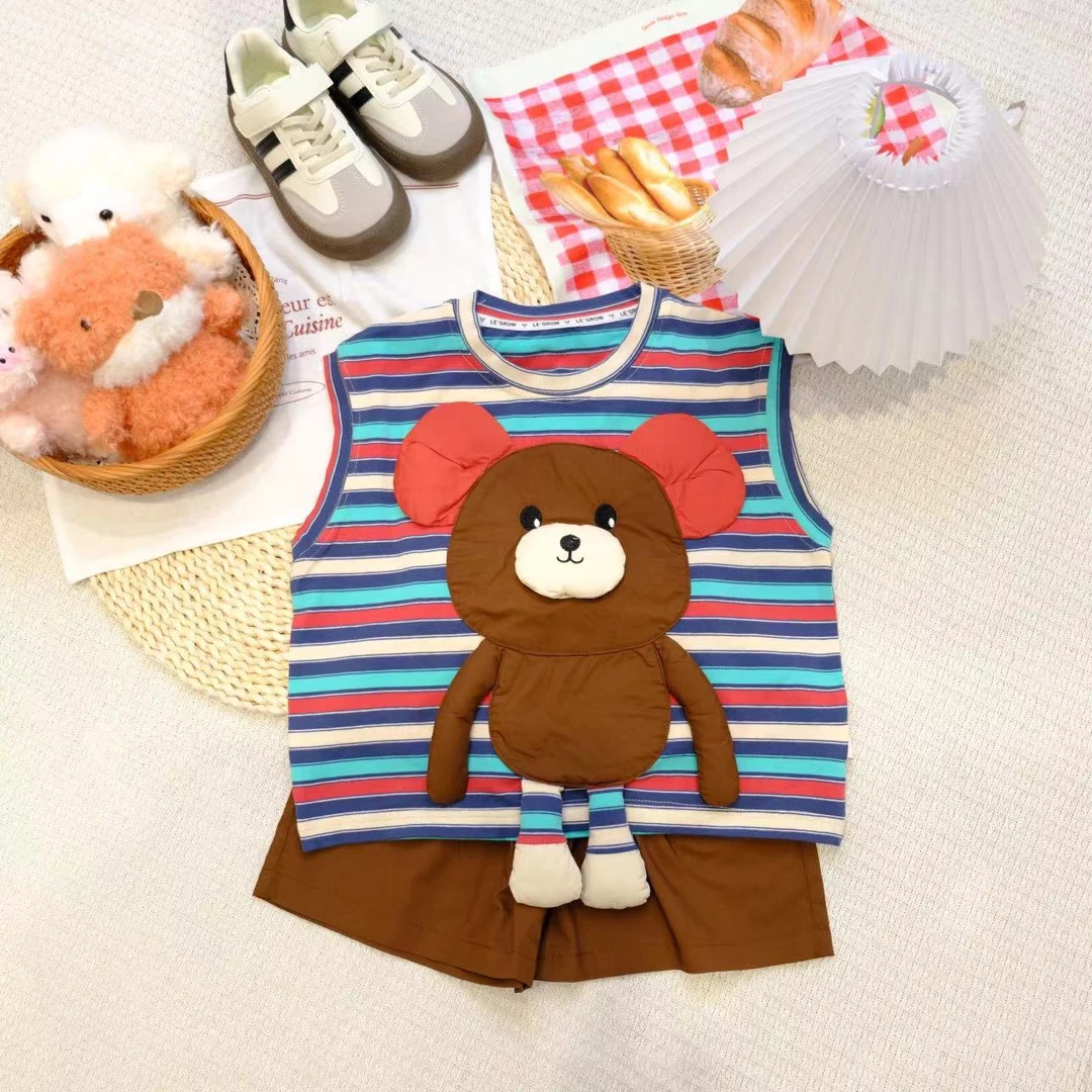 胡子头夏季男宝可爱呆萌小熊无袖条纹套装XQ702