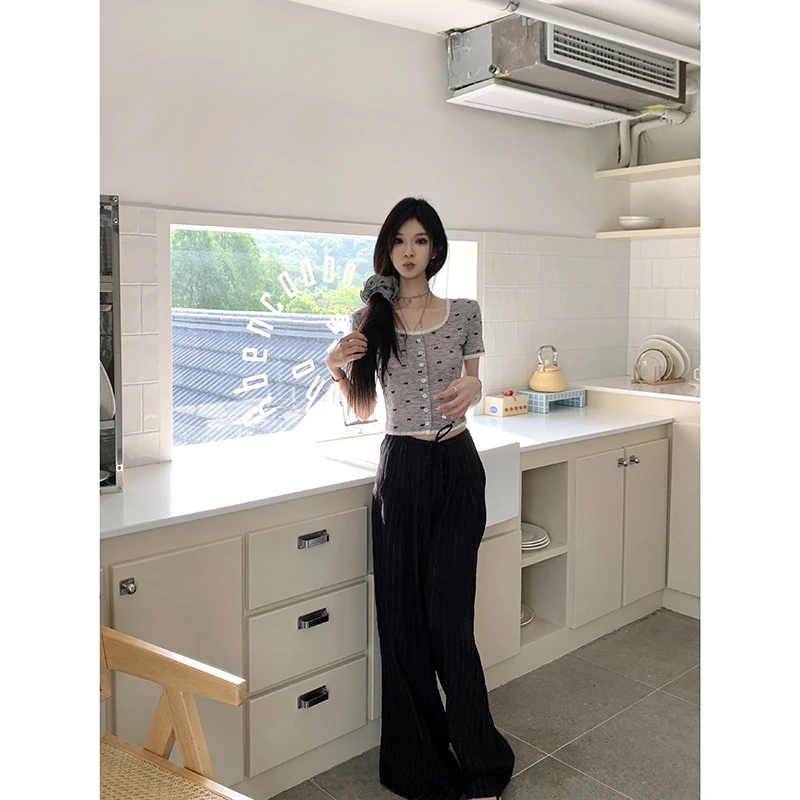 甜虾派 SWEET YILIN绑带松紧腰设计感百搭条纹显瘦宽松直筒阔腿裤