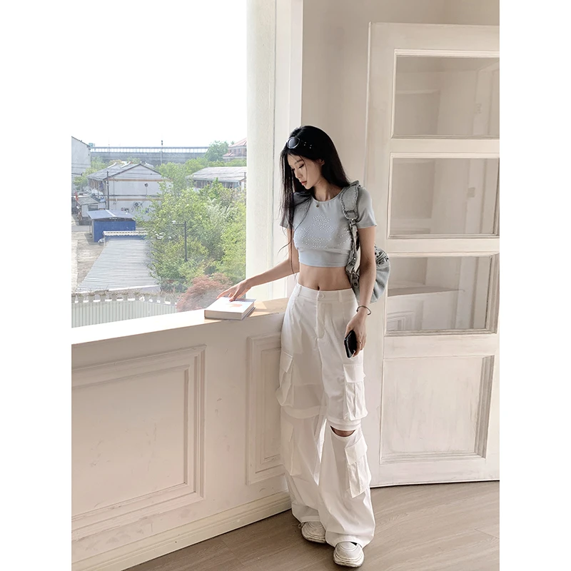 甜虾派 SWEET YILIN多口袋工装裤女设计感小众垂感白色宽松阔腿裤