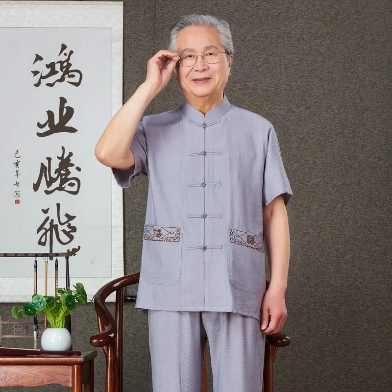 国风棉麻短袖套装男夏季新款中式爸爸唐装老人生日祝寿父亲节衣服