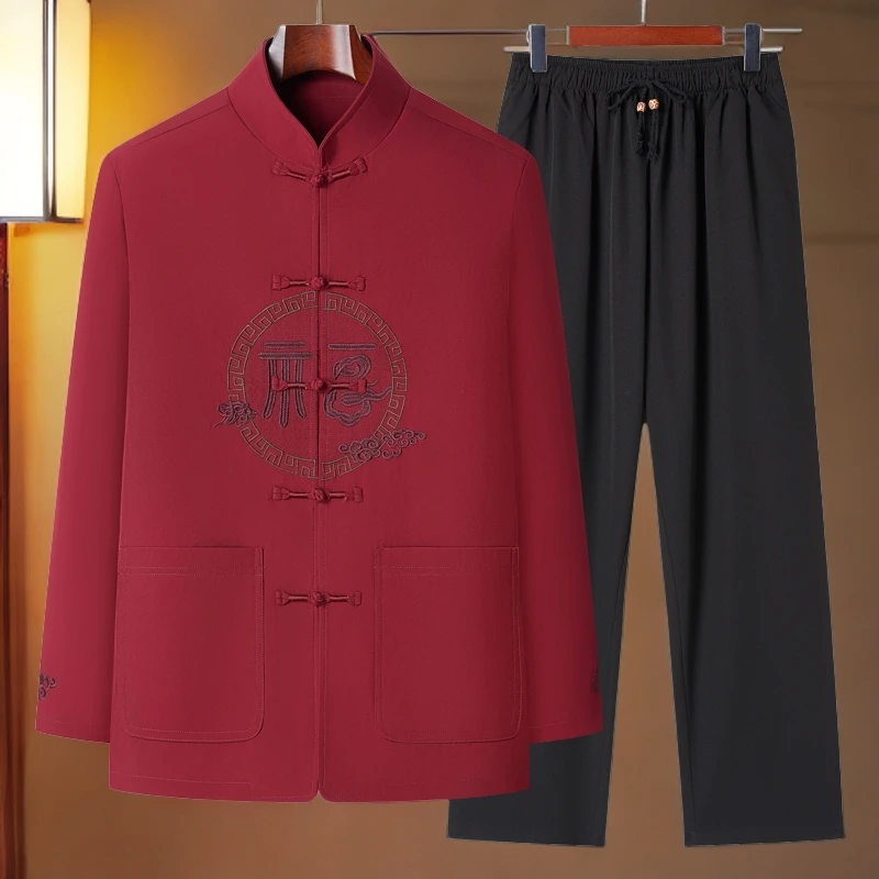 男士唐装秋季外套爸爸夹克上衣中老年人薄款套装60岁爷爷中国风式