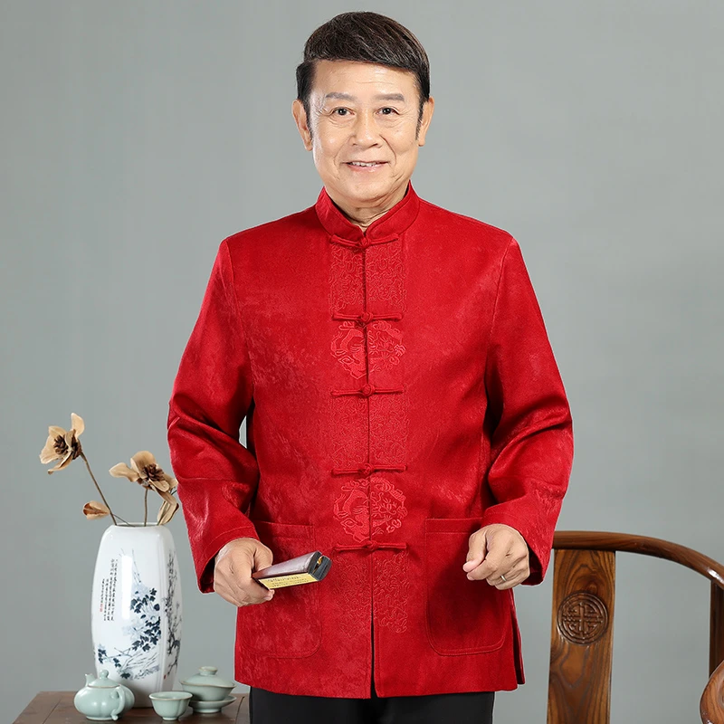 中老年唐装男春秋外套中国风上衣夹克生日过寿爸爸婚礼服喜庆套装
