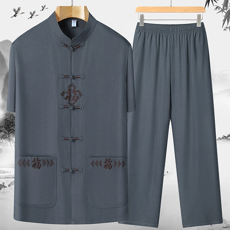 中老年夏季短袖套装爸爸唐装男士薄款60-80岁老年人衬衫爷爷衣服