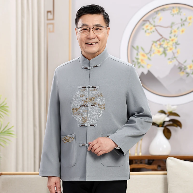 唐装男中老年套装中国风爸爸装爷爷装中山装新中式过寿老年人外套