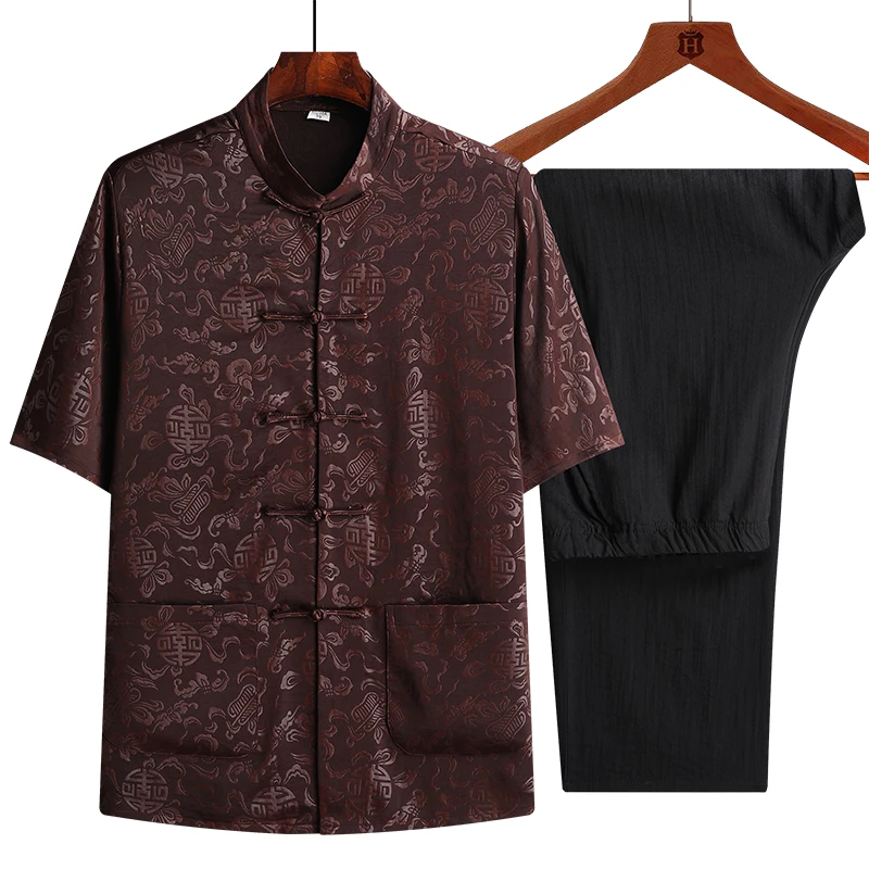 中老年唐装男夏季冰丝短袖衬衫中国风爸爸夏装套装老人衣服爷爷装