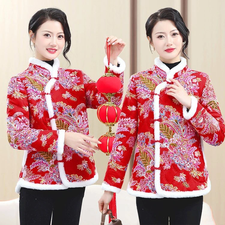 2023秋冬网红女装复古花棉袄棉服加绒加厚国风妈妈棉衣中老年外套