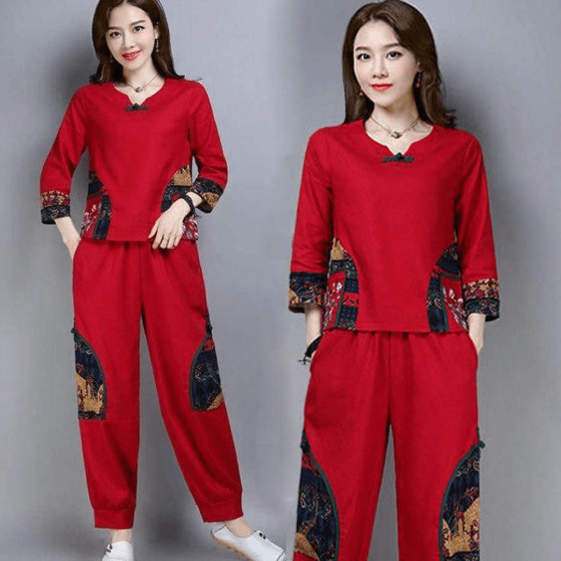 中老年人女装七分袖上衣民族风裤子两件套大码休闲妈妈装棉麻套装