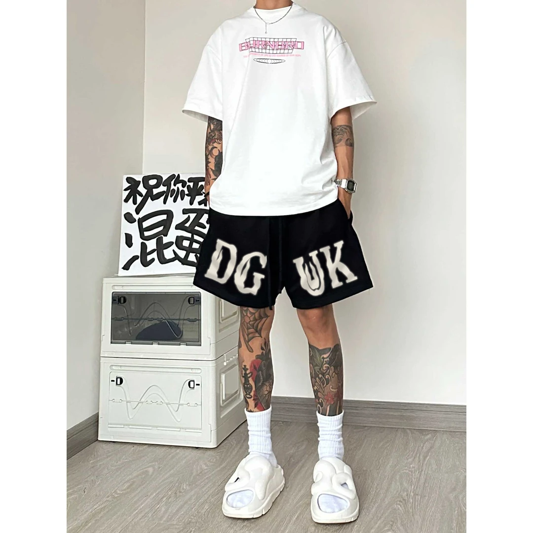 美式潮流大码街头字母印花抽绳短裤男夏季百搭宽松直筒休闲五分裤