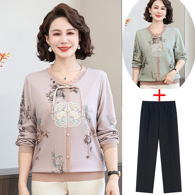 中老年女装春秋洋气长袖小衫妈妈装新中式打底衫上衣老年人套装