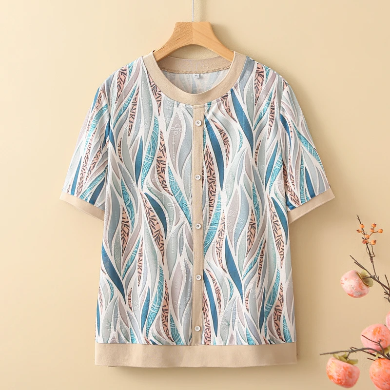 妈妈装夏季加肥加大短袖T桖中老年女装宽松薄款圆领上衣奶奶小衫