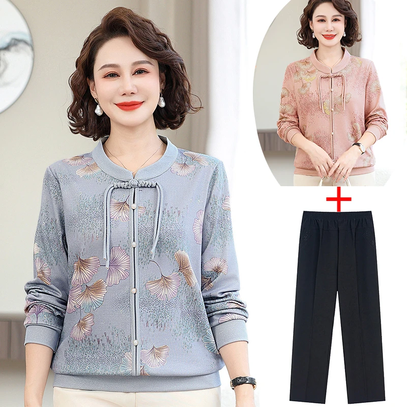 新中式妈妈秋装长袖小衫新款中老年春秋国风上衣时尚洋气打底衫女
