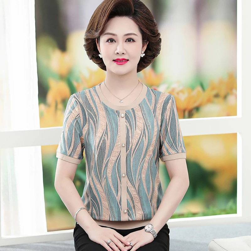 中老年妈妈装夏装夏季t恤洋气小衫中年女装奶奶薄款透气上衣短袖