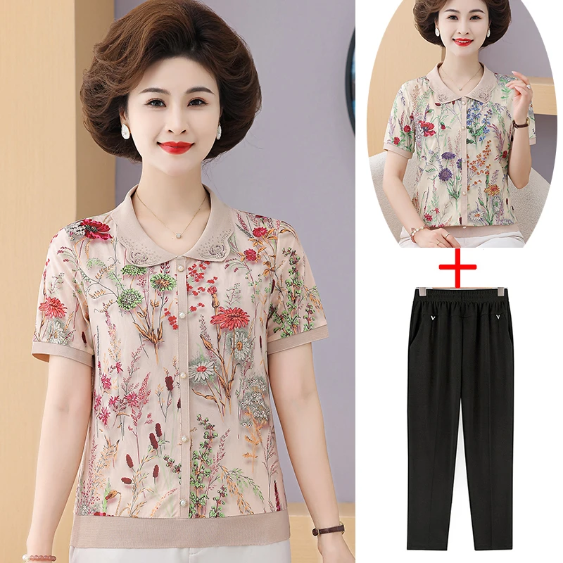 妈妈夏装冰丝短袖T恤中老年女装洋气翻领小衫老年人时尚薄款上衣