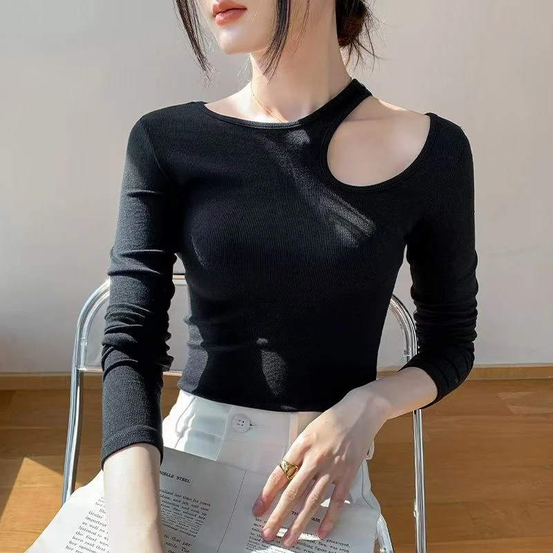 法式冷淡系高级感低领女打底衫女内搭性感镂空露肩上衣T恤洋气