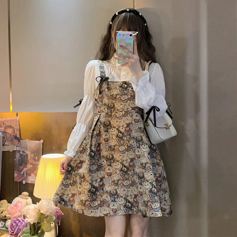 温柔甜美甜美蝴蝶结长袖衬衫女时尚连衣裙假两件小熊背带裙