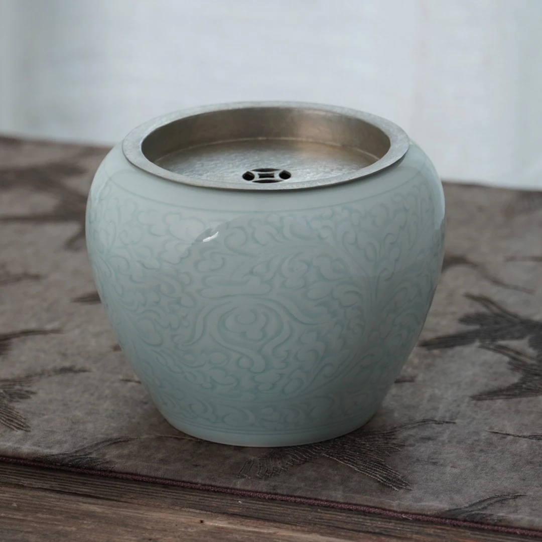 【青釉 牡丹纹 锡盖水盂】大容量手工陶瓷雕刻拉坯成型重工半刀泥HT