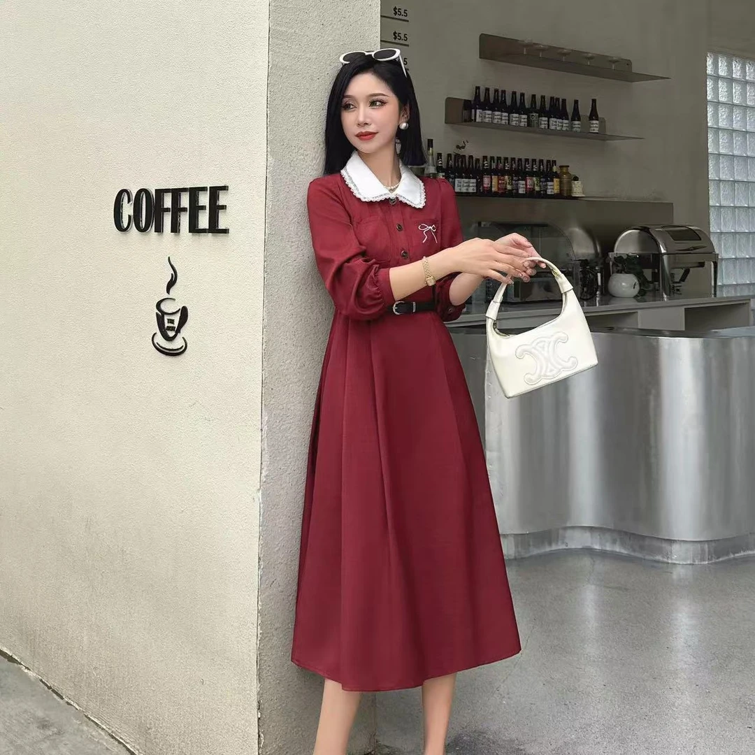 5353#法式复古气质连衣裙蝴蝶结刺绣高级感显瘦带腰带长袖裙子