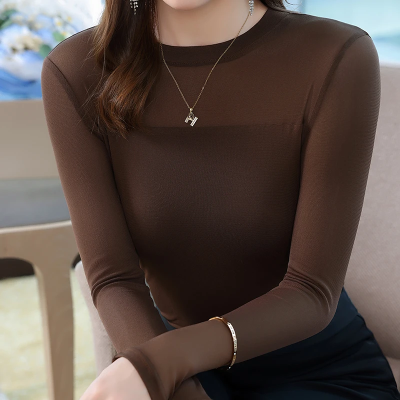 圆领咖色网纱长袖T恤女2024秋装新款透视内搭打底衫薄款洋气上衣