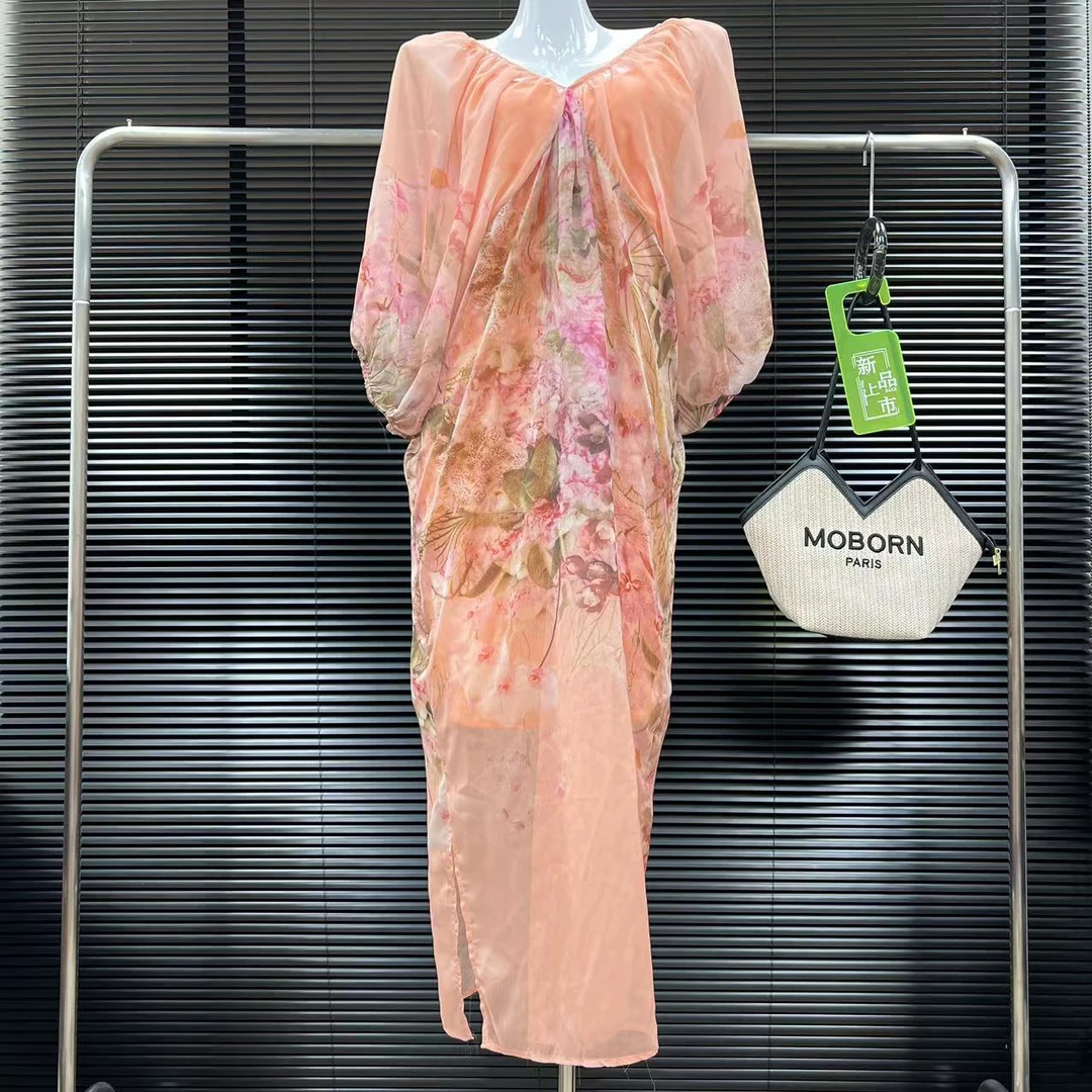 【皎月女神】度假风V领宽松灯笼袖连衣裙女夏法式浪漫碎花长裙子
