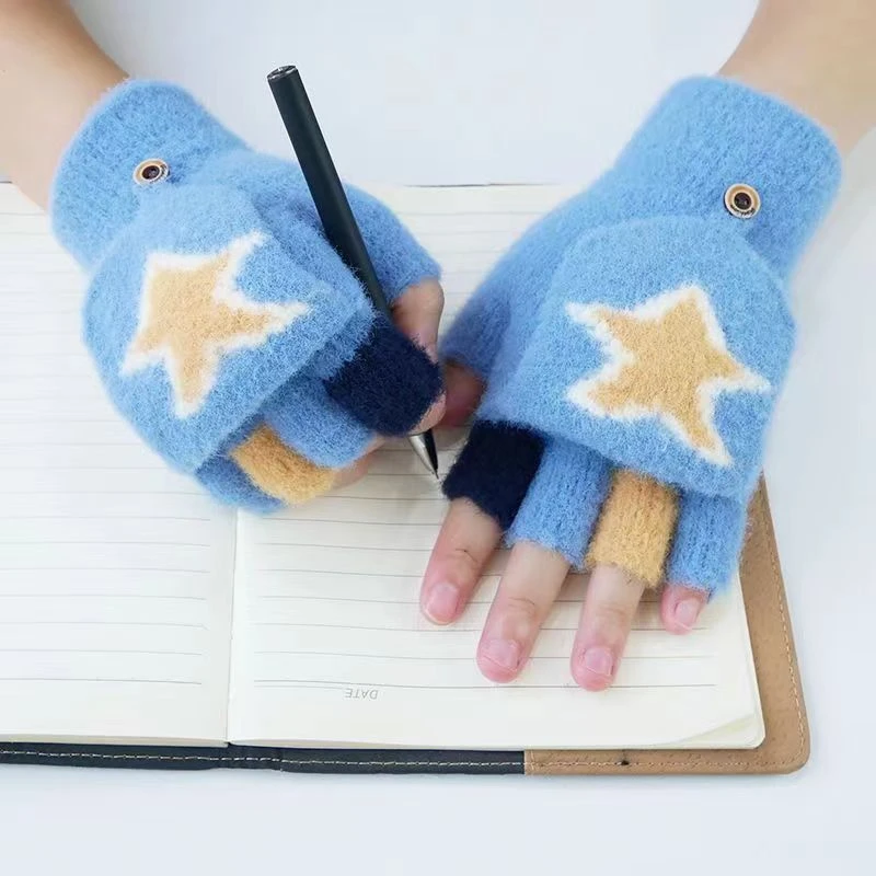 小孩子保暖手套半指两用学生加厚防寒中大童卡通可爱绒不起球手套