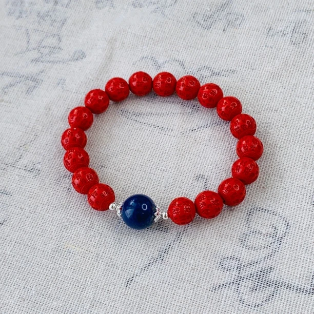 含辰砂工艺品10MM刻字百C朱砂水飞砂青蓝色圆珠手串手链单圈