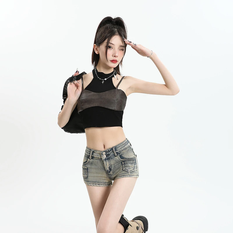 时髦显瘦复古甜辣低腰弹力牛仔超短裤女夏季新款小个子紧身百搭直