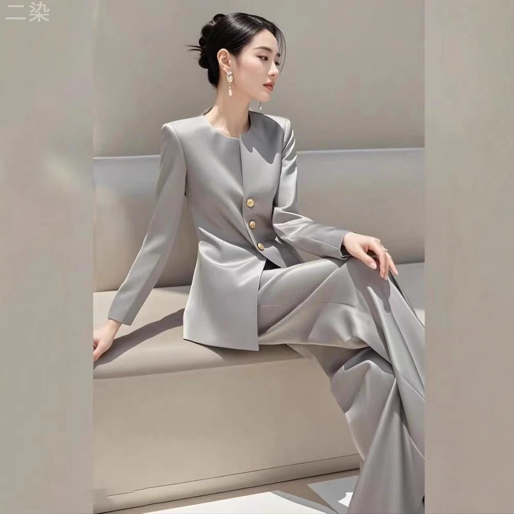 霸气韩版时尚洋气秋冬一整套感通勤小香风灰色西装裤子职业轻奢
