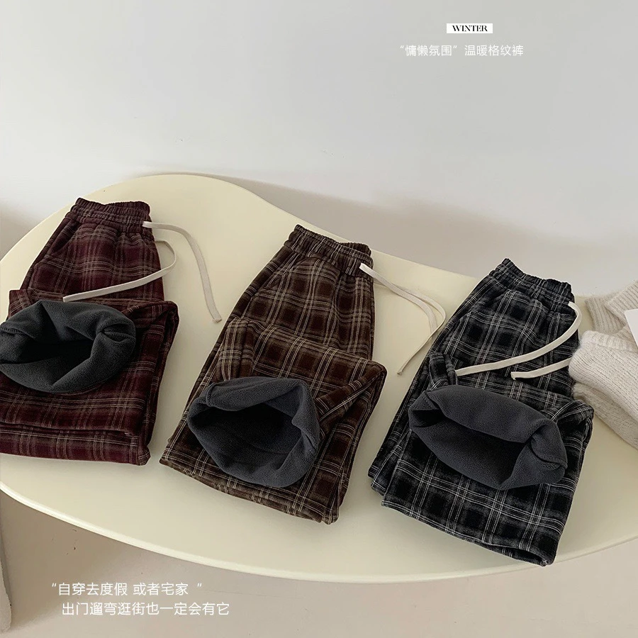 洋气格子加绒外穿裤女小熊绒加厚设计感宽松显瘦阔腿裤拖地裤子