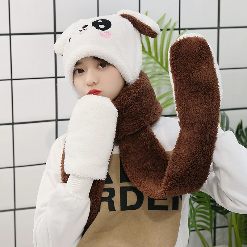 秋冬季儿童帽子围巾手套三件套一体护耳可爱兔耳保暖加厚围脖学生