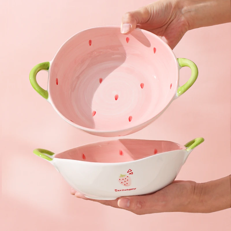 Yomerto草莓陶瓷双耳碗汤碗家用高颜值特别好看的大碗水果沙拉碗