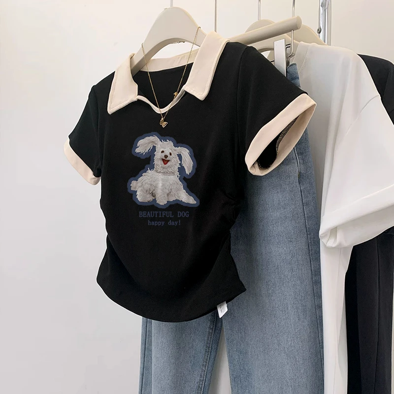 95棉撞色polo领短袖T恤女装夏季胖mm小个子短款修身显瘦拼接上衣