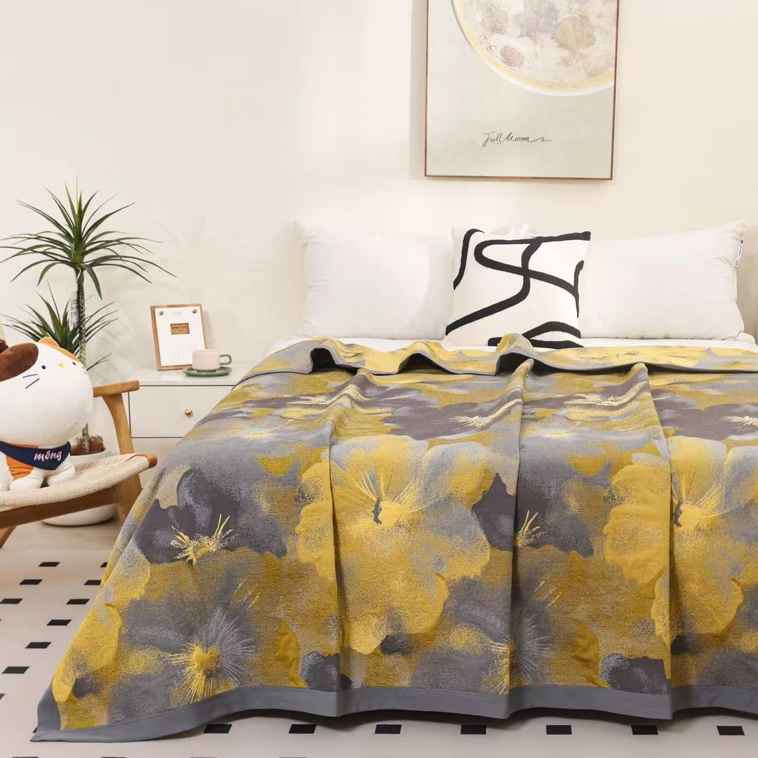 （芳菲知春）230*250大床多功能高档双面提花田园风四季床盖盖毯