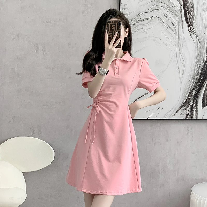 连衣裙女款爆款2024新款女夏天时尚poIo领收腰显瘦小个子茶歇裙子