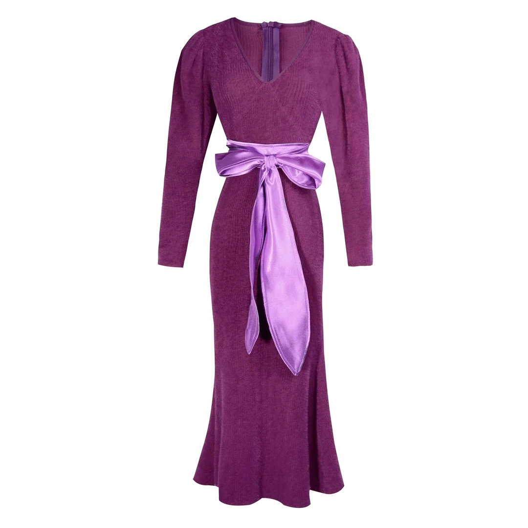 【言有有】女神风鱼尾包臀裙秋冬连衣裙收腰显瘦有弹力紫色名媛裙子